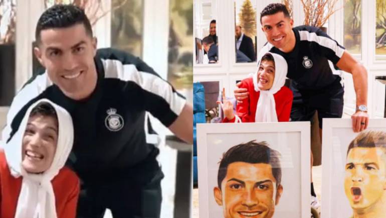 Cristiano Ronaldo recebe quadros pintados por jovem artista cadeirante, no Irã.